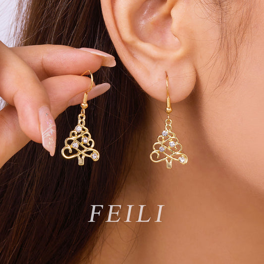 Pendientes minimalistas de árbol de Navidad con pedrería calada para mujer, joyería de moda para las fiestas
