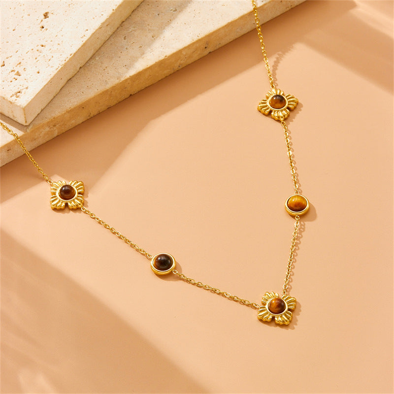 Fashion Gold Plated Stainless Steel Floral Tiger Eye Agate Necklace and Bracelet Set for Women
