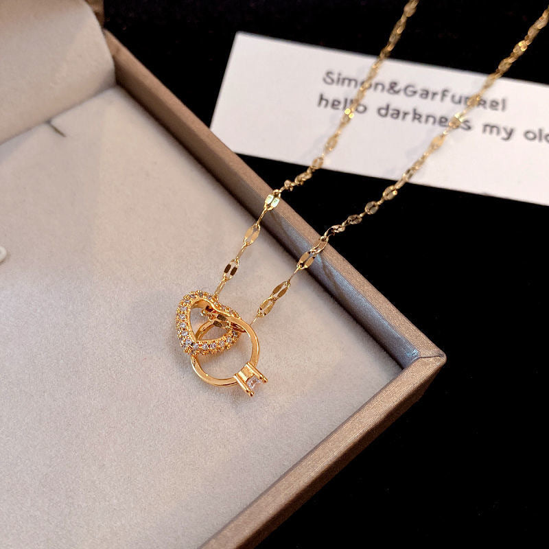 Luxury Heart-Shaped Rhinestone-Embellished Titanium Steel Necklace with Lip Chain for Women
