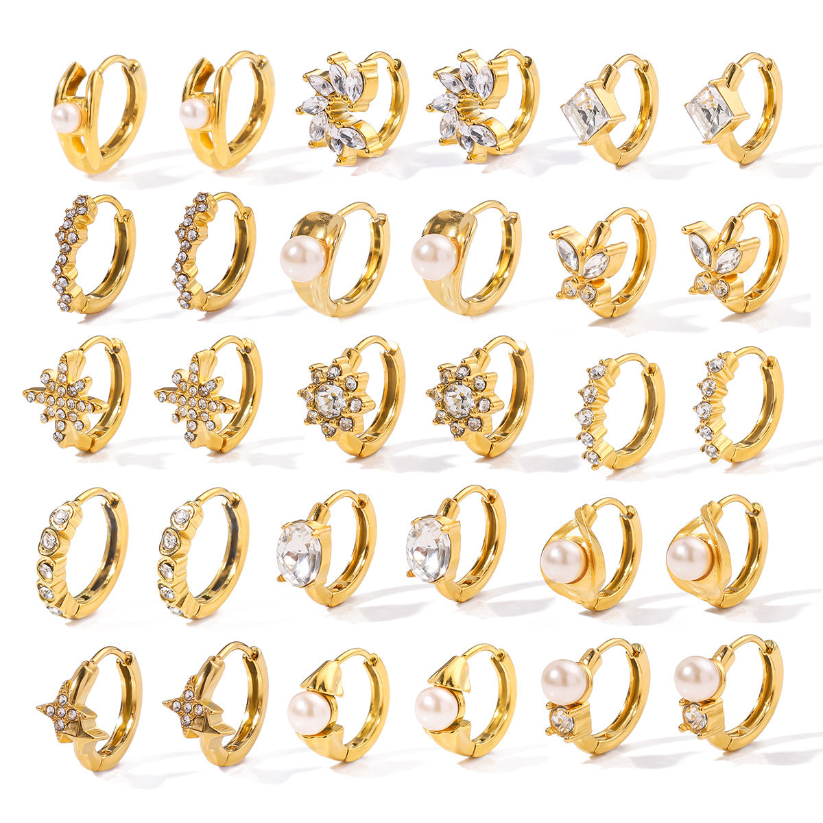 Minimalist Stainless Steel 18K Gold Plated Flower-Shaped Hoop Earrings with Rhinestone and Pearl Inlay for Women