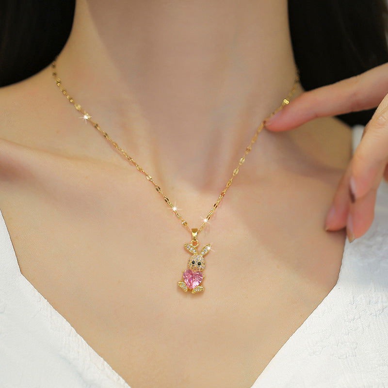 Luxury Titanium Steel Micro-Pave Rabbit Pendant Necklace and Earrings Set for Women Geometric Design Elegant Party Jewelry
