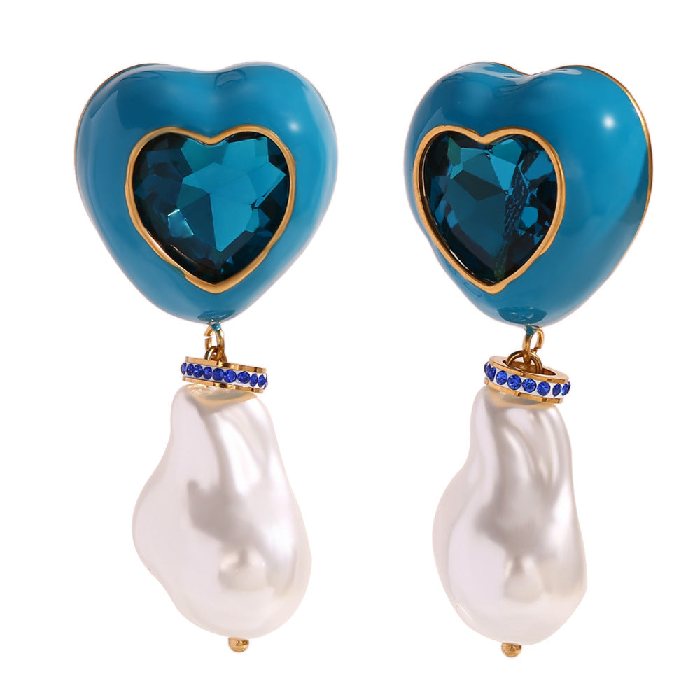 Fashionable Heart-Shaped Stainless Steel Earrings with 18K Gold Plating and Enamel Finish for Women