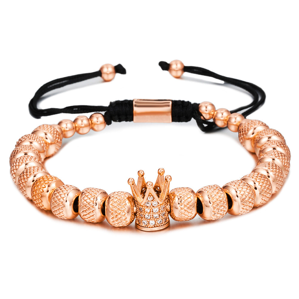 Vintage Geometric Titanium Steel Bracelet with Cubic Zirconia Pineapple Beads and Crown Charms for Unisex