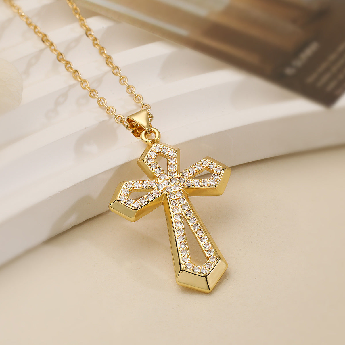 Minimalist Luxe Cross Pendant Necklace for Women with Copper Base Plated in 18K Gold and Zircon Inlay