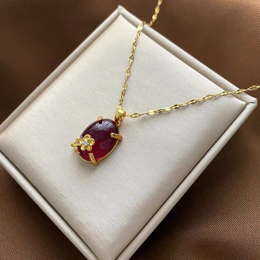 Elegant Oval Floral Ruby Pendant Necklace in Titanium Steel with O-Chain for Unisex Wear
