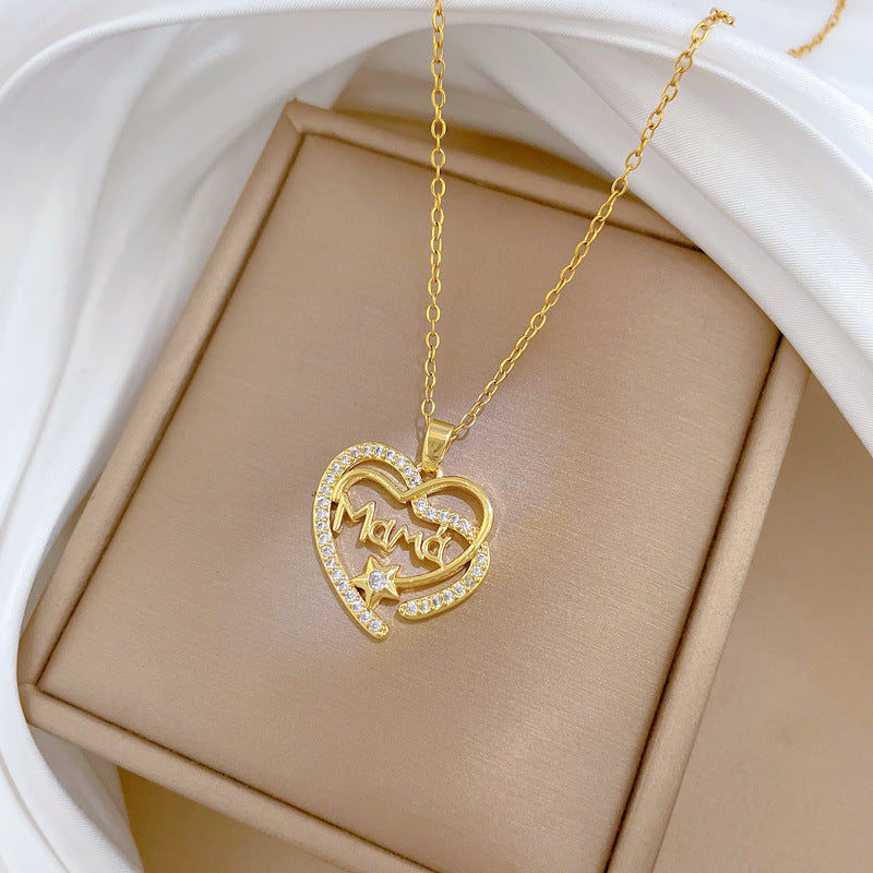 Minimalist Heart-Shaped Titanium Steel Necklace with Cubic Zirconia Inlay for Women, Delicate Clavicle Chain