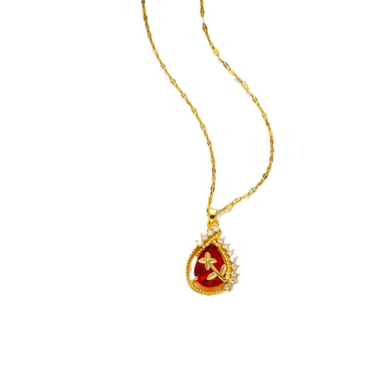 Collana pendente a goccia in acciaio al titanio, fresca e dolce, da donna, con micro-pavé di zirconi e placcatura sottovuoto