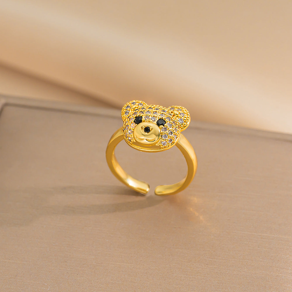 Collana Pendente Orso Carino Minimalista da Donna in Acciaio al Titanio con Catena a Serpente, Intarsi in Strass e Design Geometrico