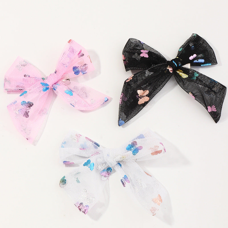 Cartoon Bowknot Hair Clip Set for Kids with Sequins and Tulle Butterfly Design Duckbill Clips