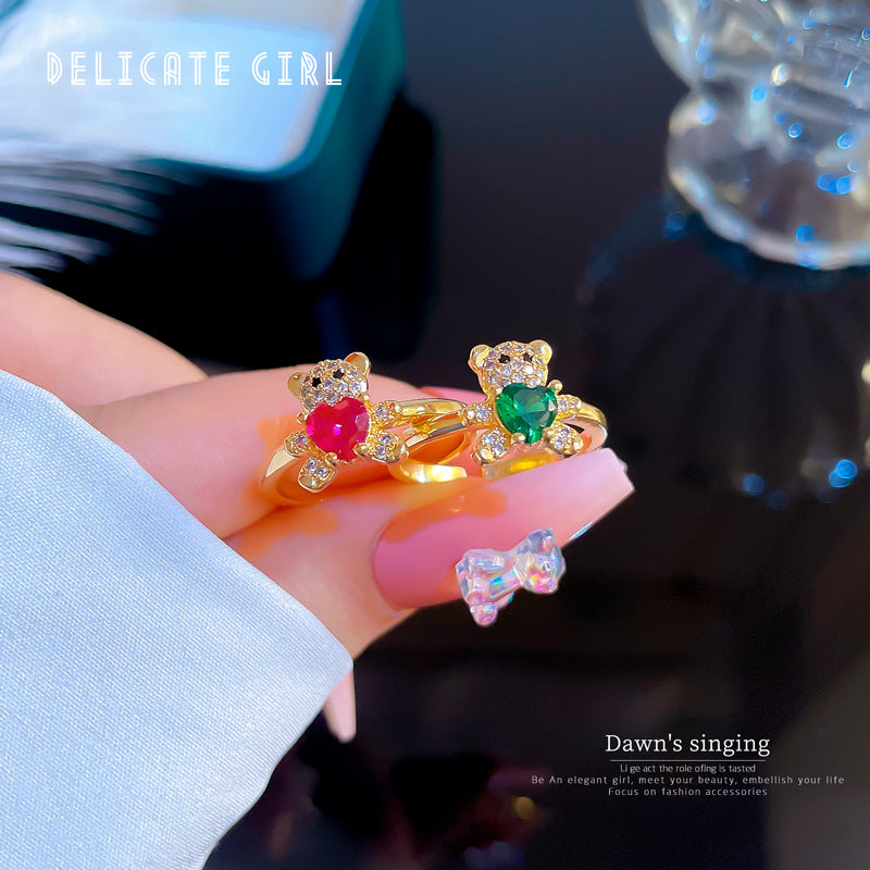 Minimalist Bear-Shaped Brass Ring with Zircon Inlay for Women Adjustable Finger Ring