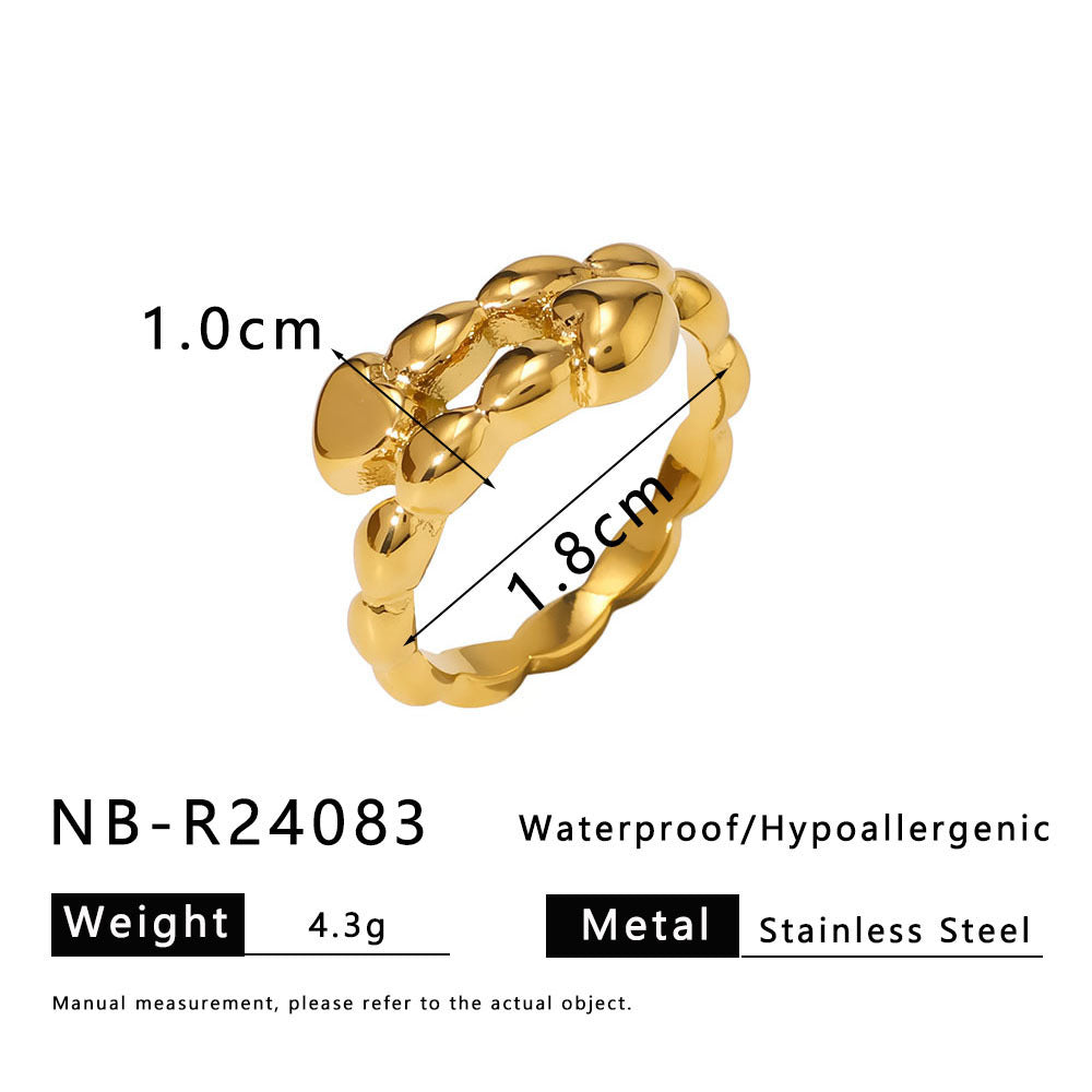 Geometric Wave Leaf Shaped Stainless Steel Plated Gold Ring with Textured Ruffled Asymmetrical Design for Women and Men