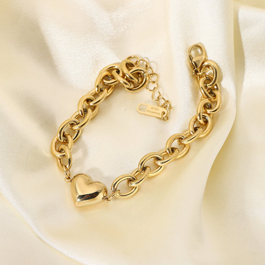 INS Style Geometric Heart Pendant Bracelet in Stainless Steel with 14K Gold Plating for Women