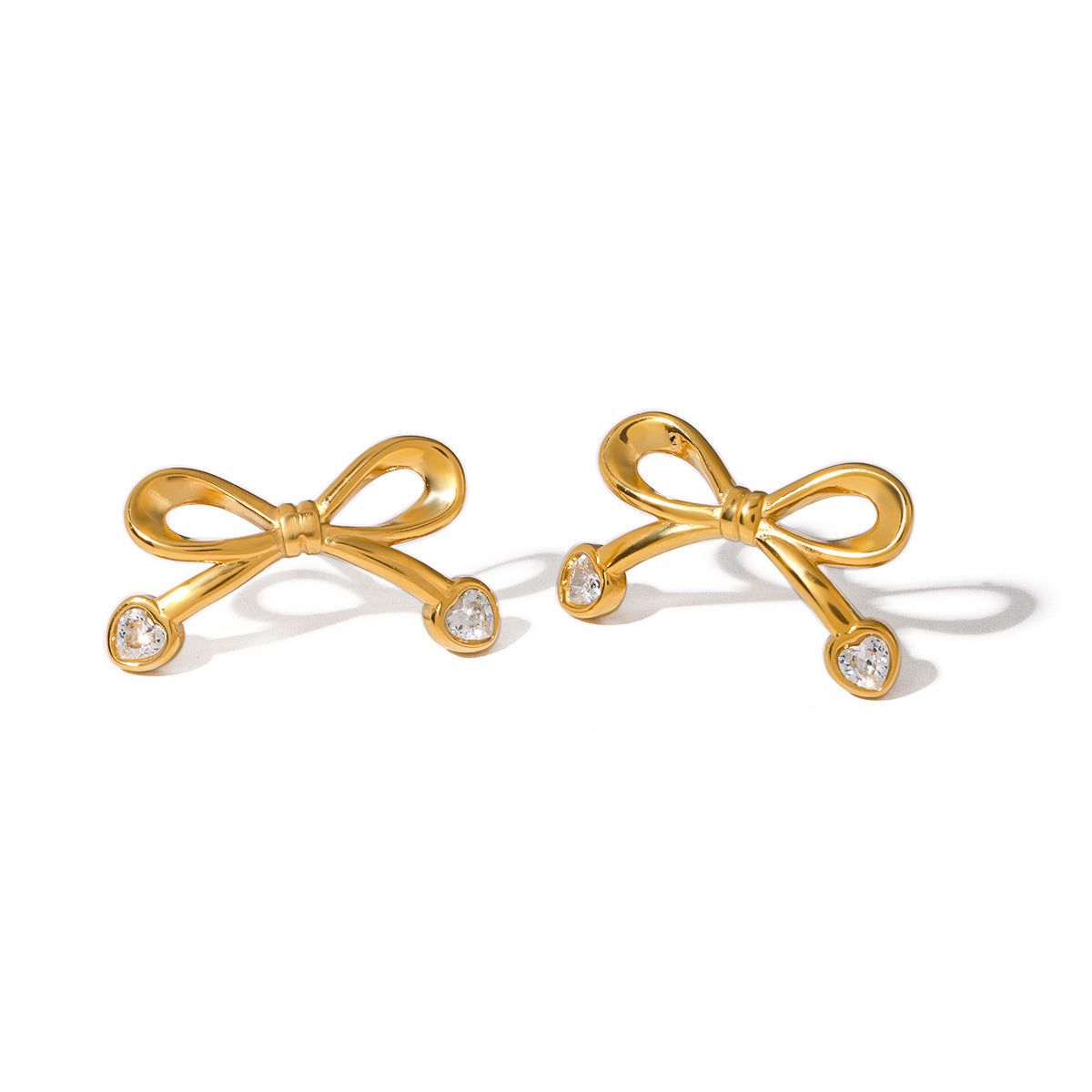 Elegant Stainless Steel Bow Stud Earrings with Cubic Zirconia Plated Finish for Women
