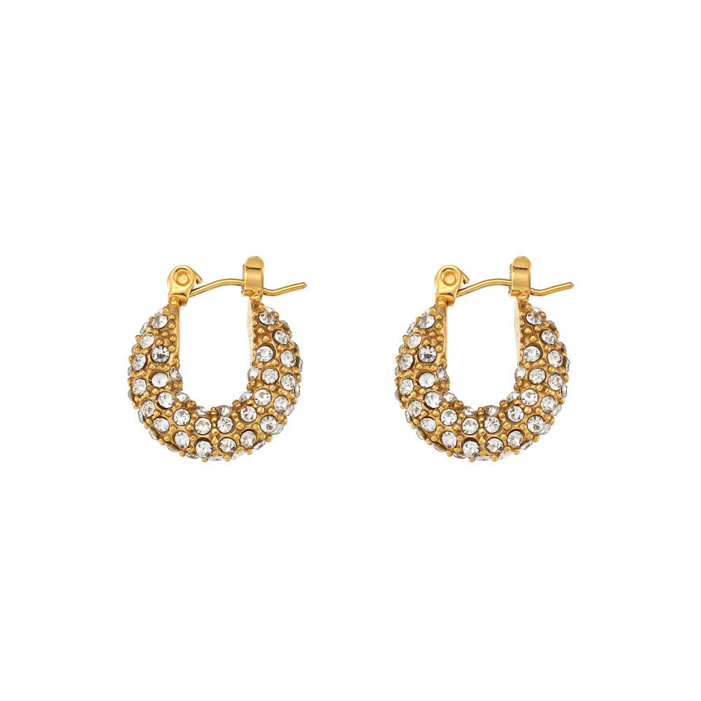 Fashion Minimalist Geometric Stainless Steel Plated 18K Gold Tone U-Shaped Full Zircon Stud Earrings for Women