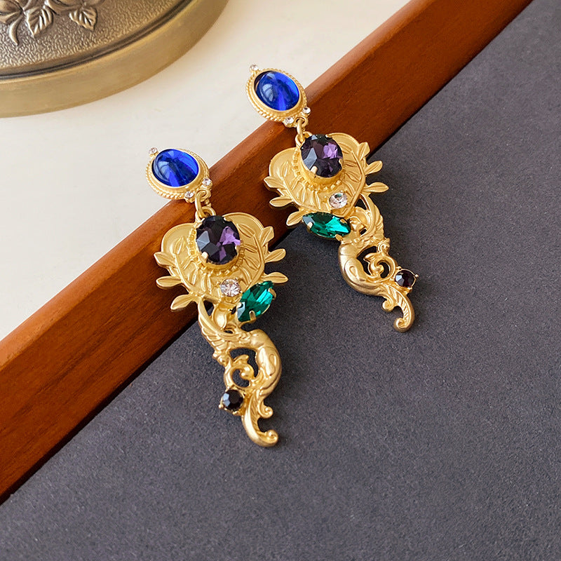 Pendientes de Ángel Retro Artísticos Ovalados con Incrustaciones de Pedrería para Mujer con Base de Cobre y Diseño Geométrico