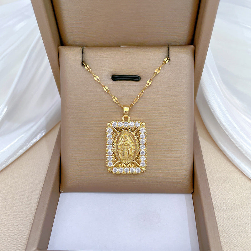 Collar con colgante de luna geométrica minimalista para mujer y hombre en acero de titanio con incrustaciones de diamantes de imitación en cadena de acero de titanio