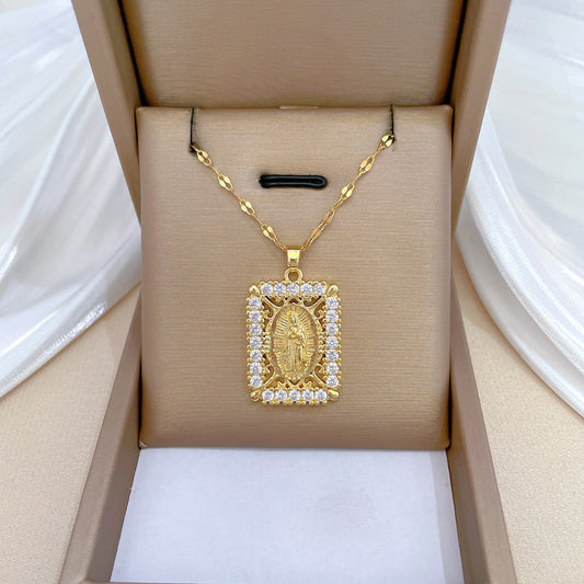 Collana pendente con luna geometrica minimalista da donna e da uomo in acciaio al titanio con intarsio in strass su catena in acciaio al titanio