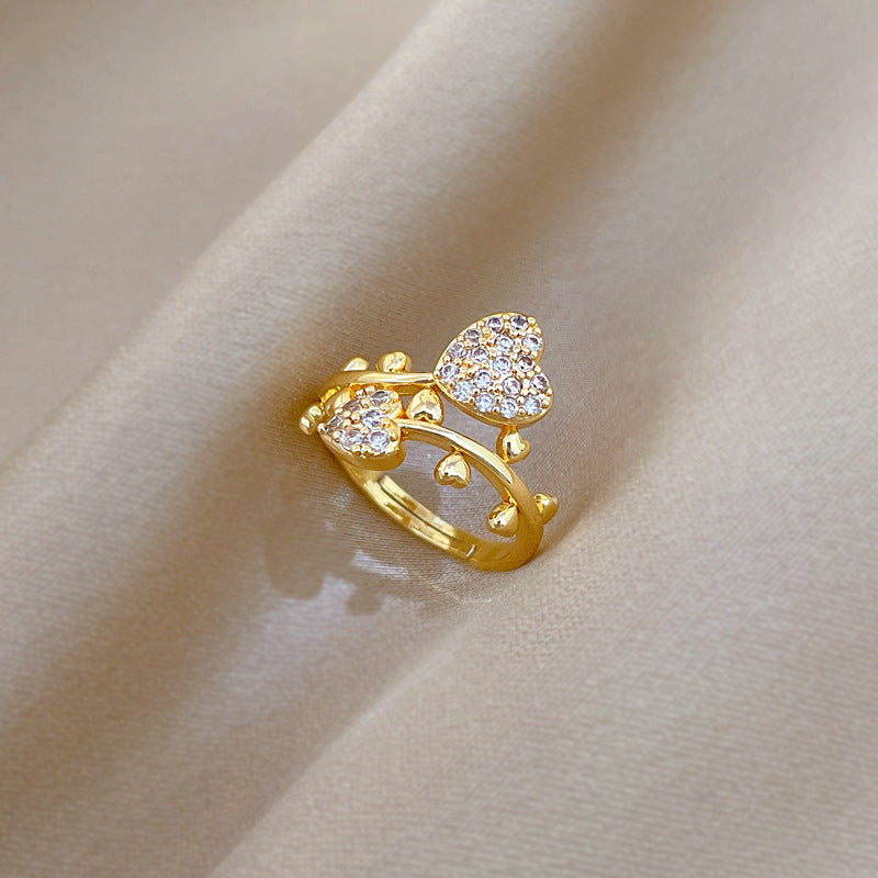 Sweet Gold Plated Heart Cubic Zirconia Adjustable Ring for Women and Men