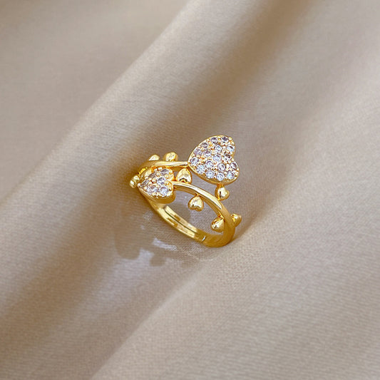 Sweet Gold Plated Heart Cubic Zirconia Adjustable Ring for Women and Men