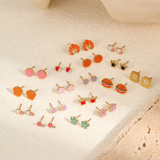 Pendientes de Tuerca de Acero Inoxidable con Esmalte, con Forma de Tarta de Frutas de Dibujos Animados Bonitos y Dulces para Mujer
