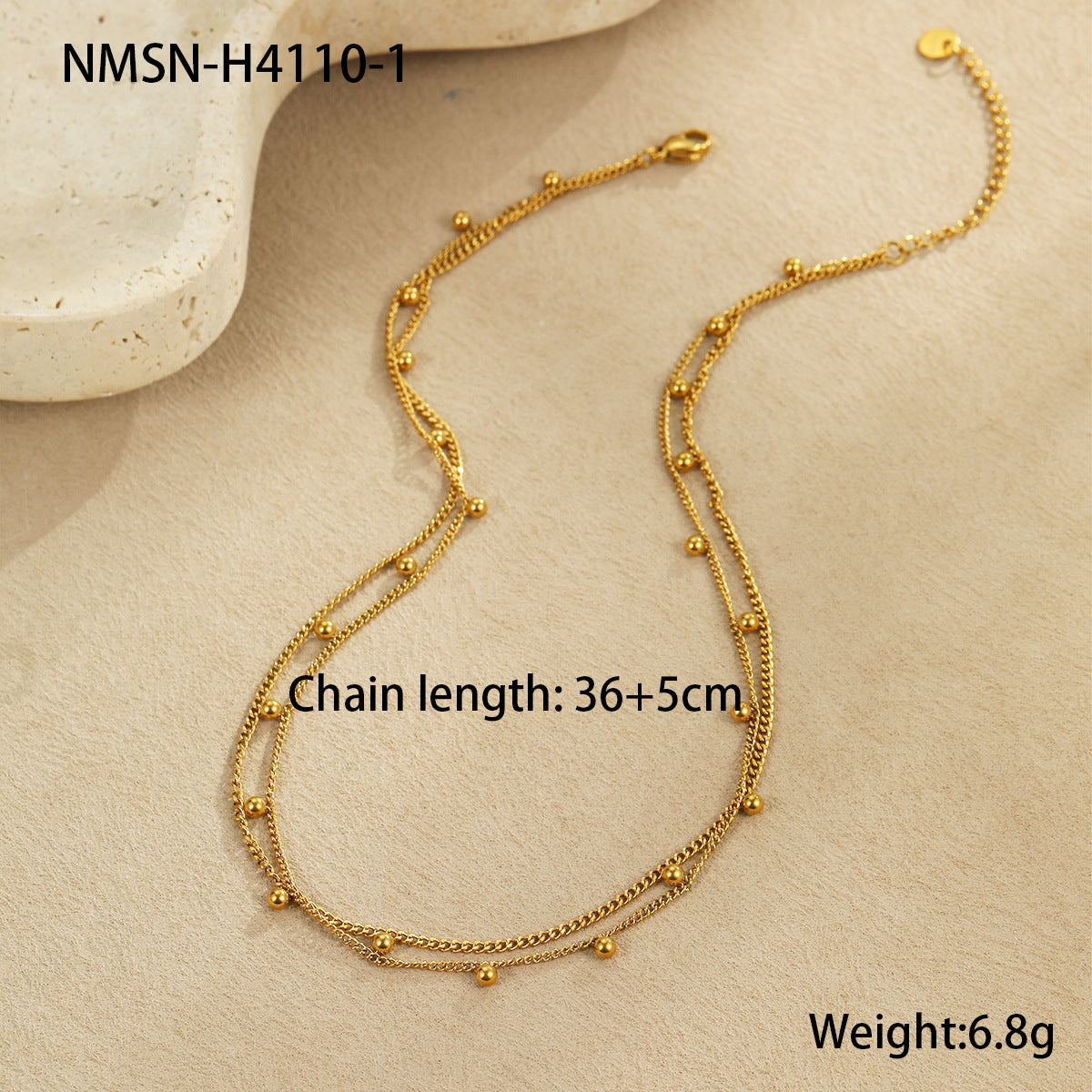 Vintage Fashion Stainless Steel Beaded Necklace for Women with Gold Plating and Geometric Design