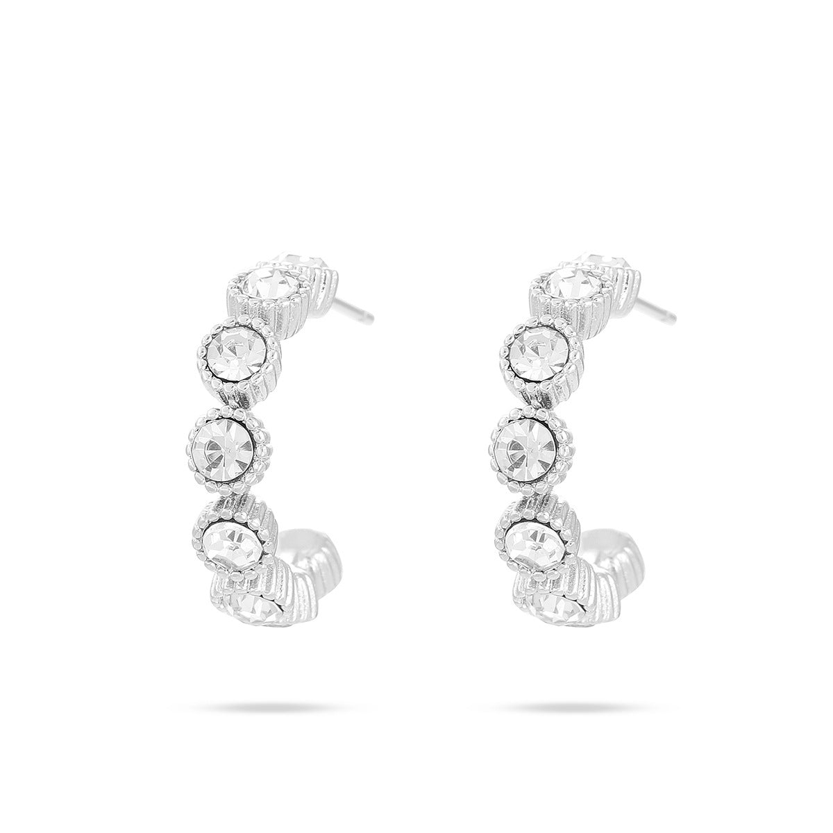 Pendientes de botón de acero titanio con forma de C geométrica a la moda, con punta de diamantes de imitación y acabado chapado, para mujer