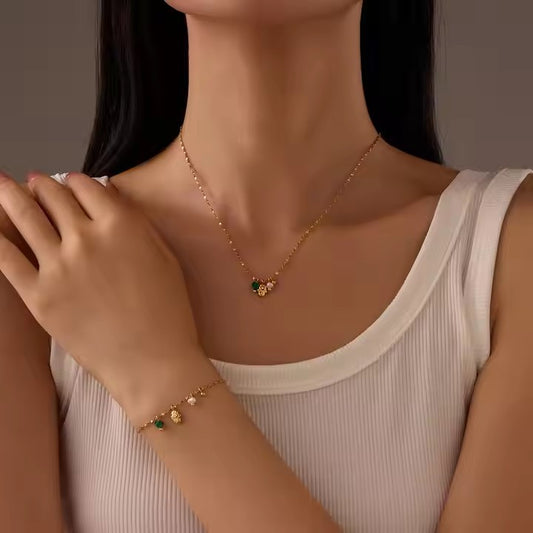 Elegant Fashion-Forward Stainless Steel Bracelet and Titanium Steel Necklace Set with Natural Stone and Pearl Accents for Women
