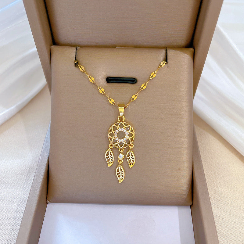 Feather Tassel Luxury Necklace for Women Geometric Pendant Stainless Steel Chain Wedding Party Collarbone Jewelry