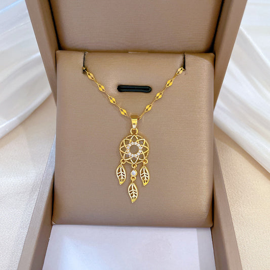 Feather Tassel Luxury Necklace for Women Geometric Pendant Stainless Steel Chain Wedding Party Collarbone Jewelry