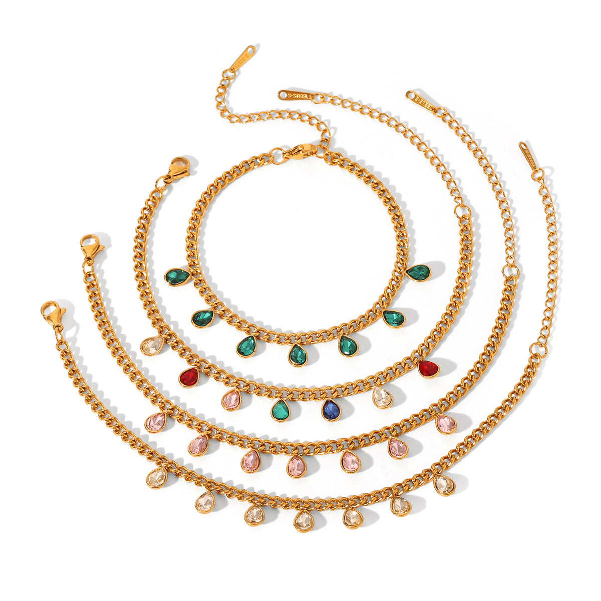 Bracciale da donna a maglie cubane in acciaio inossidabile a forma di goccia minimalista con intarsio in strass e dettaglio nappina