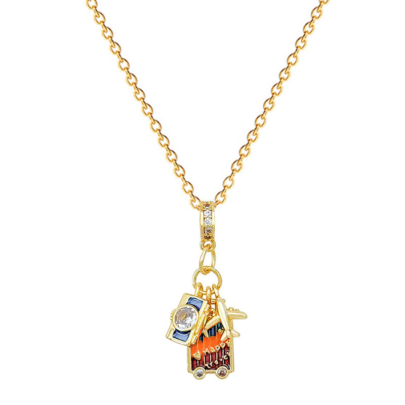 Cartoon Style Airplane Camera Pendant Necklace for Women with Zircon Inlay on Titanium Steel Chain