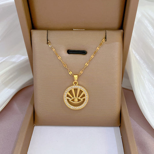 Collana Minimalista Geometrica in Acciaio al Titanio con Ciondolo Occhio di Allah in Zirconia Micro-Incastonata e Dettaglio in Rame Placcato Oro