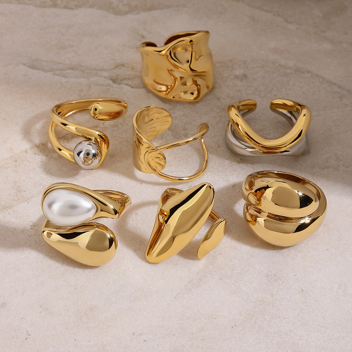 Geometric Stainless Steel Plated Ring with Pearl Inlay for Women