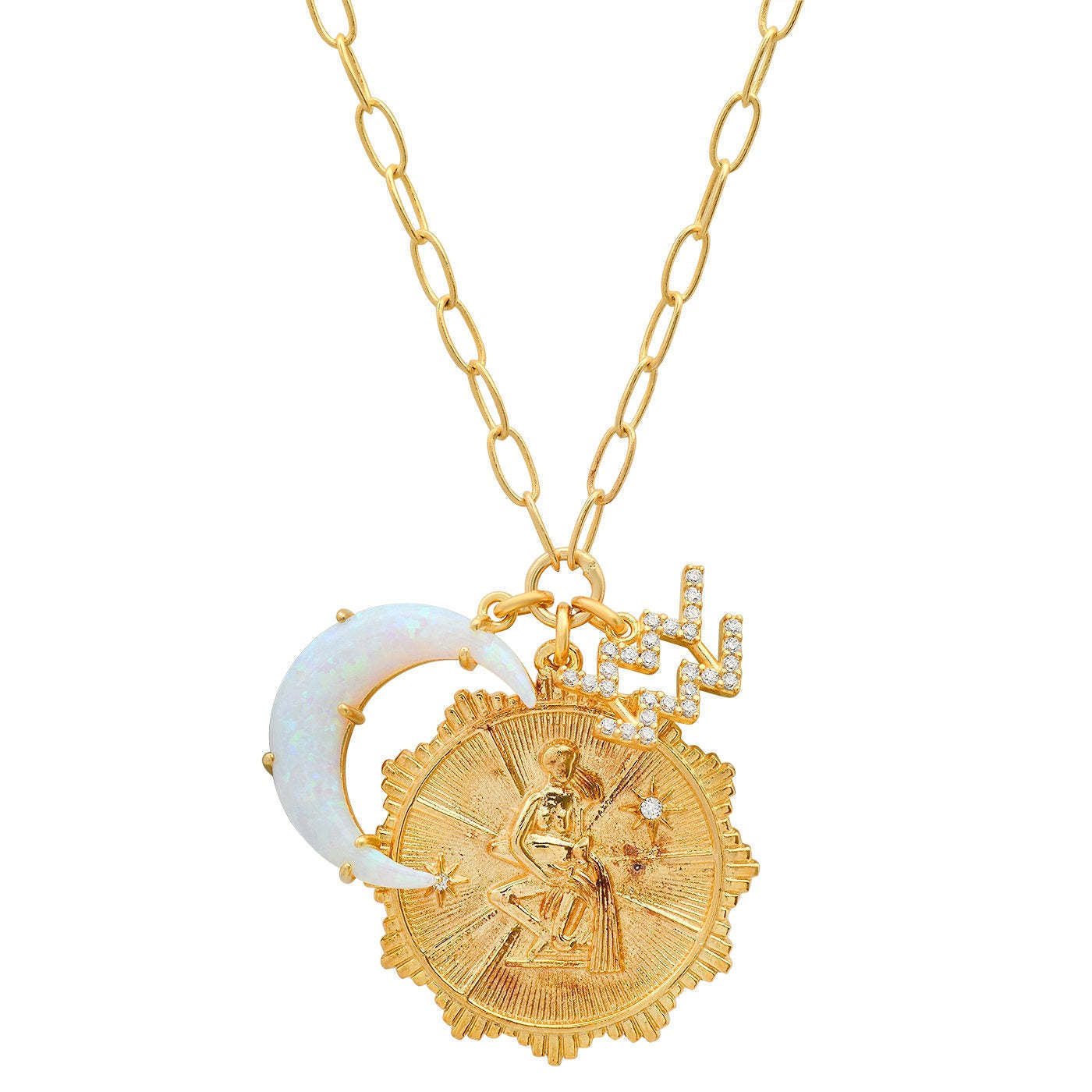 Collana con Pendente Vintage Segno Zodiacale Luna con Opale in Rame con Zirconi Micro-Pave, a Mezzaluna, Catenina Regolabile per Clavicola