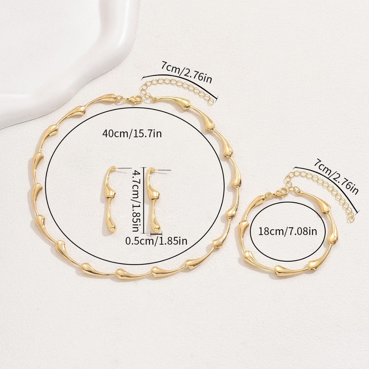 Juego de collar minimalista de cobre con forma de gota de agua con pendientes a juego y pulsera ajustable para mujer