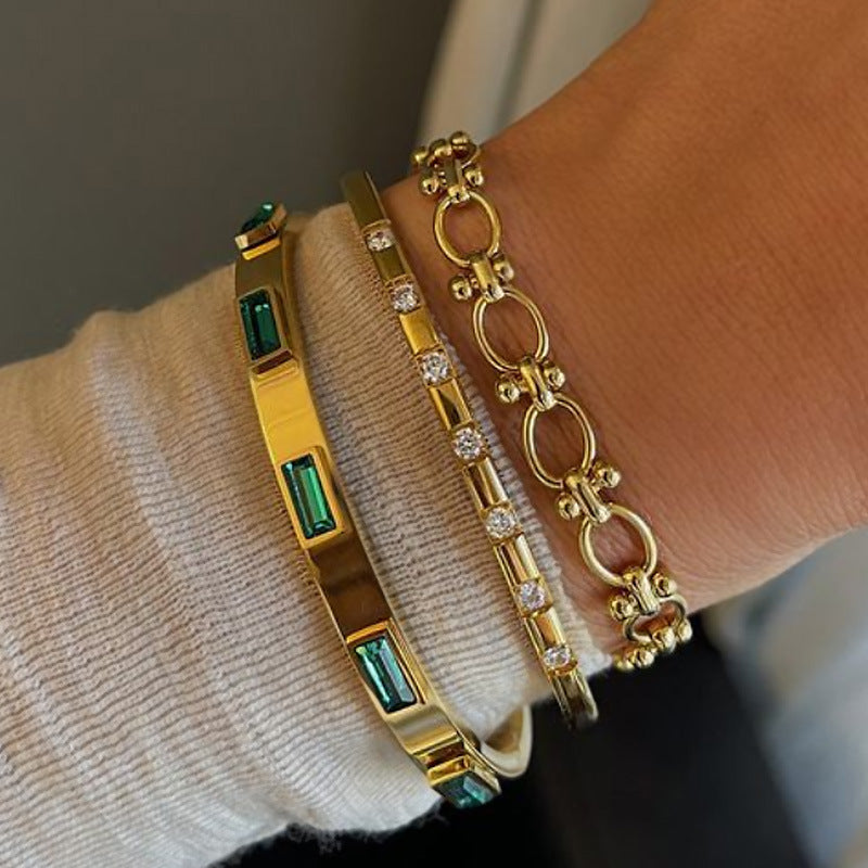 INS Style Geometric Titanium Steel Bracelet for Women with Zircon Inlay and Plated Finish