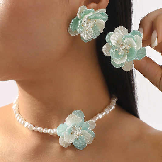 Dulce Collar Reto Geométrico de Camelia con Perlas de Imitación y Diamantes de Imitación para Mujer