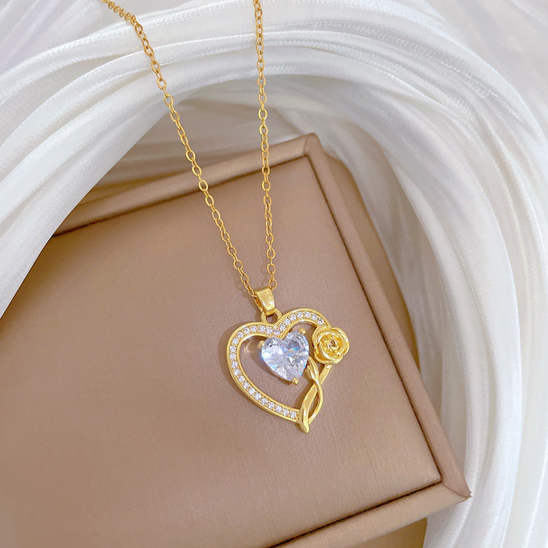 Sweet Minimalist Heart Rose Rhinestone Plated Titanium Steel Necklace Unisex Cable Chain