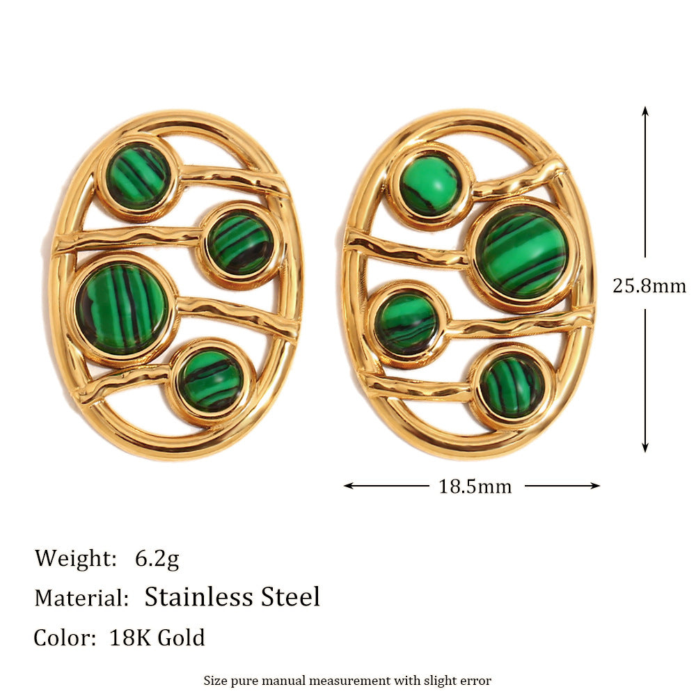 Fashionable Oval Geometric Ring Stud Earrings in Stainless Steel with 18K Gold Plating and Mother-of-Pearl Accents