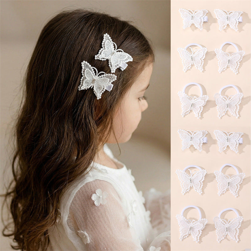Pinza de pelo de mariposa de dibujos animados para niños hecha de tela de red con textura de punto estilo macaron pastel