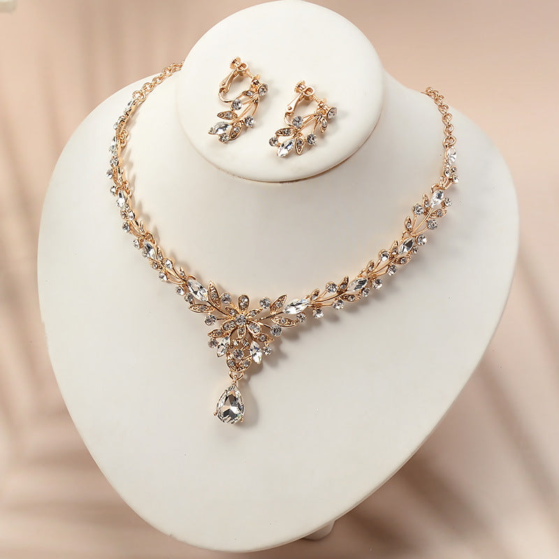 Elegant Gold Plated Alloy Rhinestone Floral Necklace and Earring Set for Women