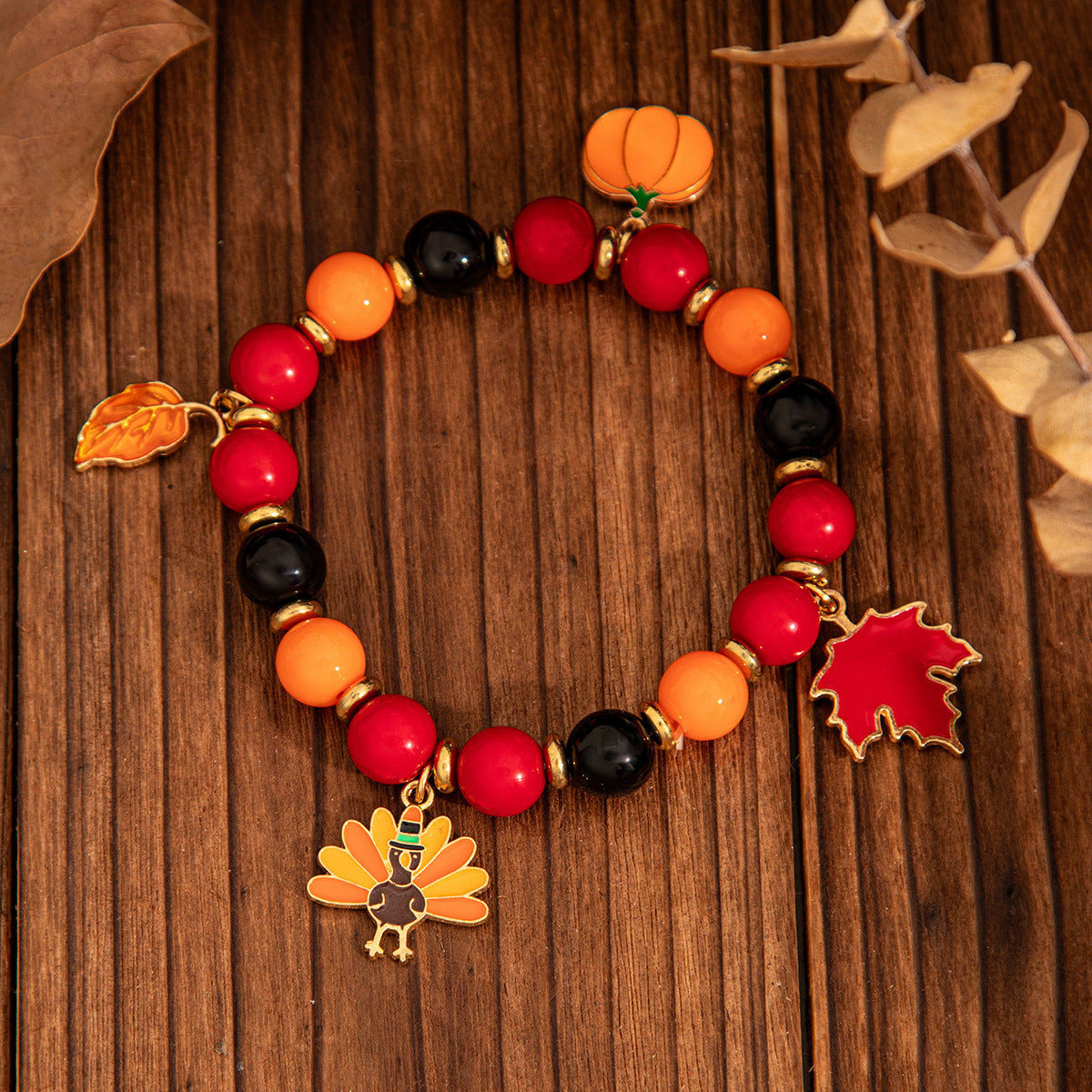 Plated Alloy Leaf Letter Acrylic Bead Bracelet for Women