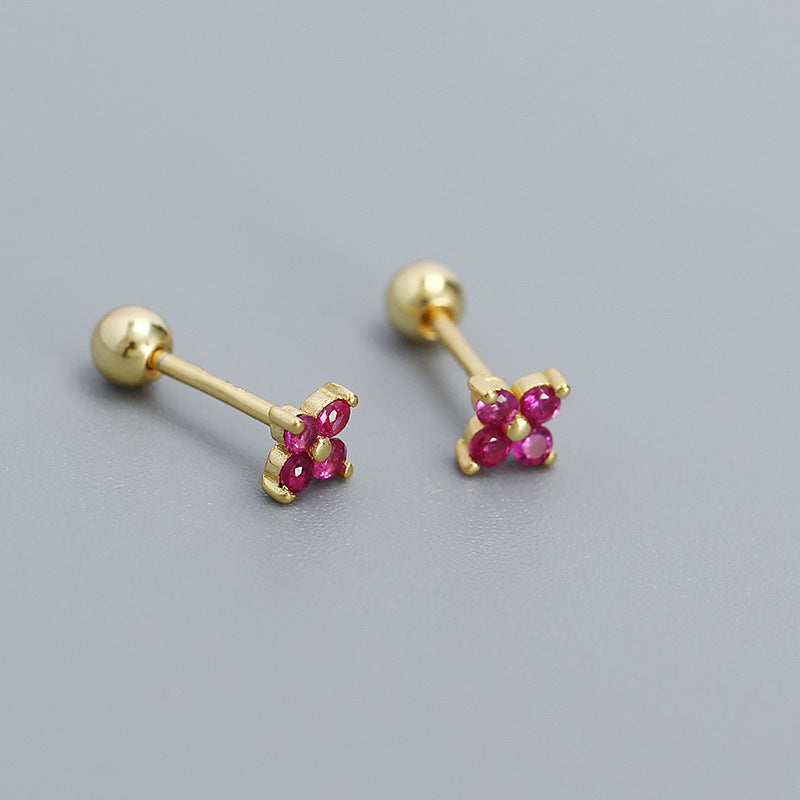 Orecchino a perno filettato da donna minimalista in argento sterling 925 con intarsi floreali e zirconi cubici