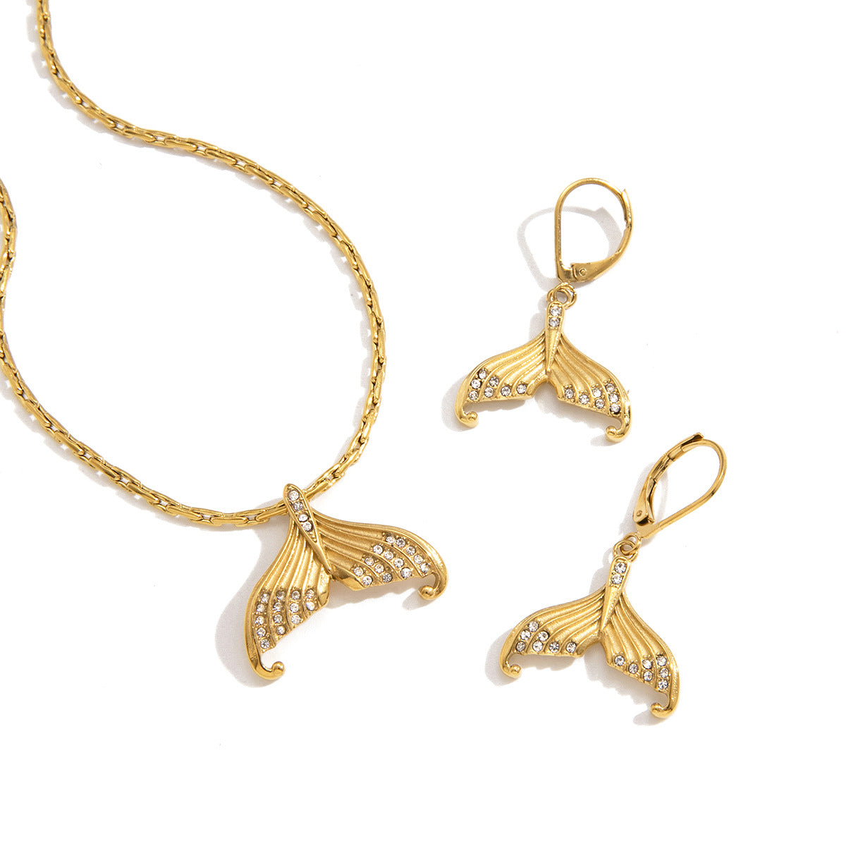 Minimalist Elegant Rhinestone Inlaid Titanium Steel Teardrop Pendant Stainless Steel Necklace and Earring Set for Women