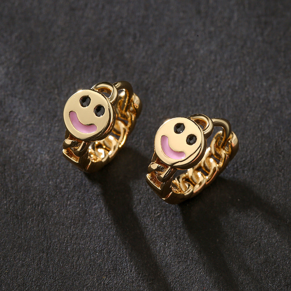 Geometric Style Smiley Face Earrings for Women with Copper Base Plated in 18K Gold and Rhinestone Inlay