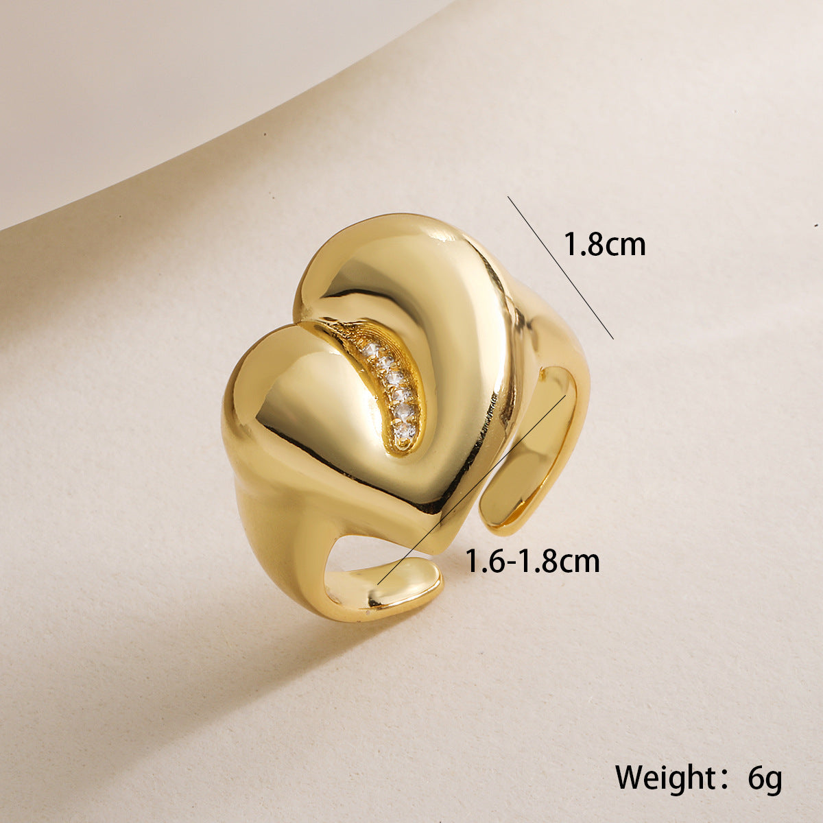 Minimalist Luxe 18K Gold-Plated Zircon Heart-Shaped Adjustable Ring for Women