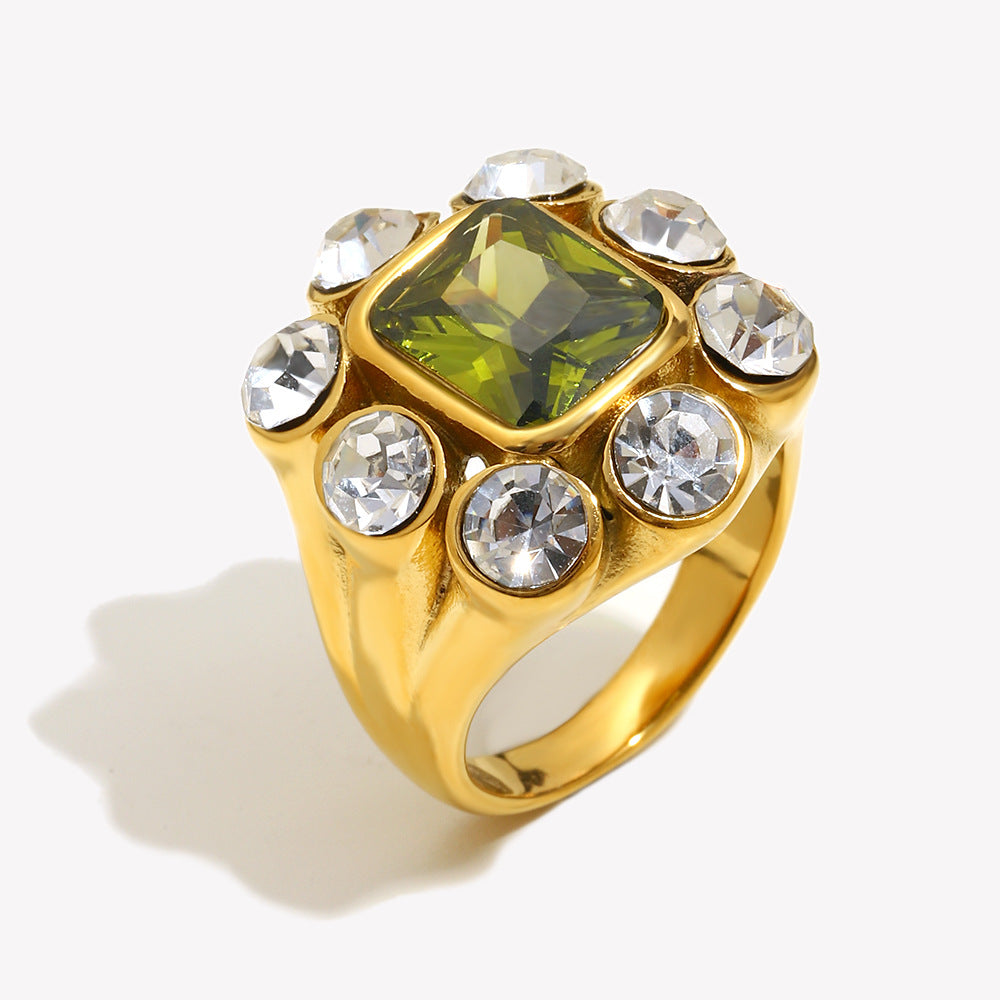 Anello quadrato geometrico in zircone in stile francese da donna in acciaio inossidabile con placcatura in oro 18 carati, gioielli di lusso leggeri