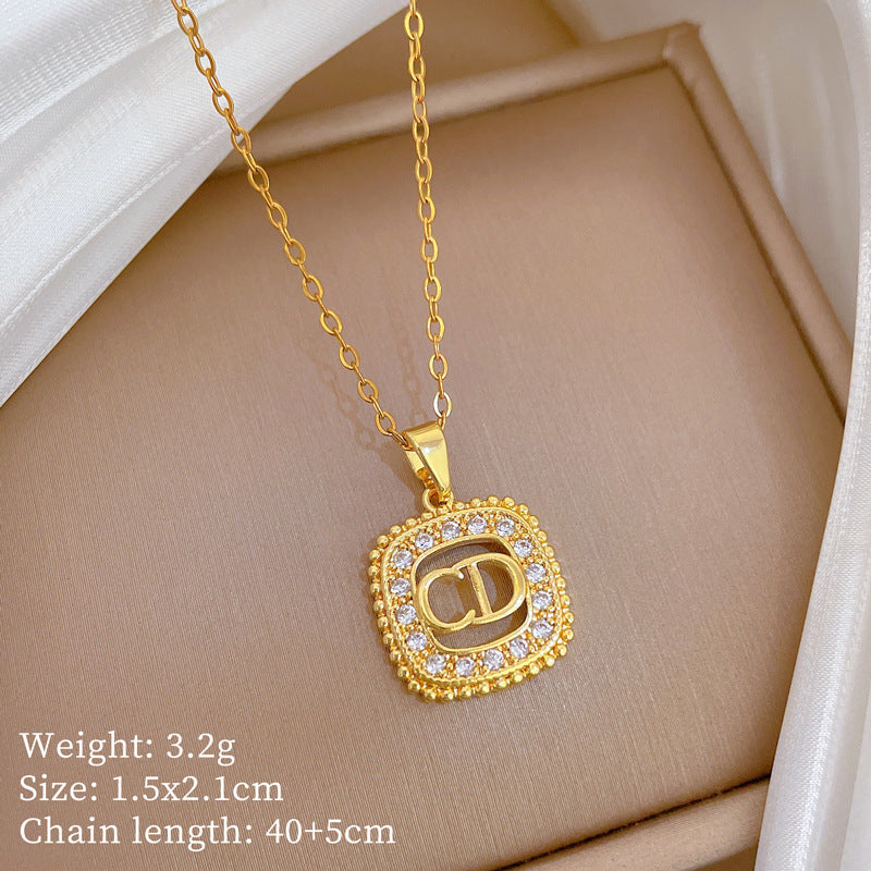 Sweet Square Letter Rhinestone Titanium Steel Necklace Unisex Cable Chain