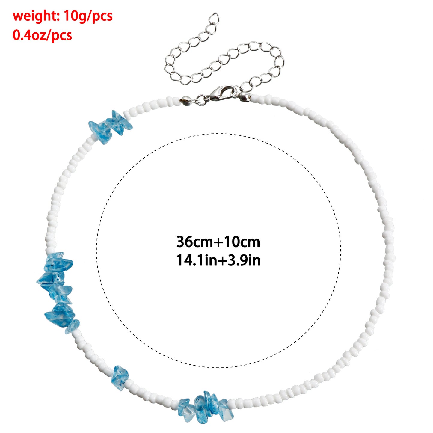 Bohemian Geometric Beaded Necklace for Women with White Beads and Blue Crystal-Like Accents on Clavicle Chain