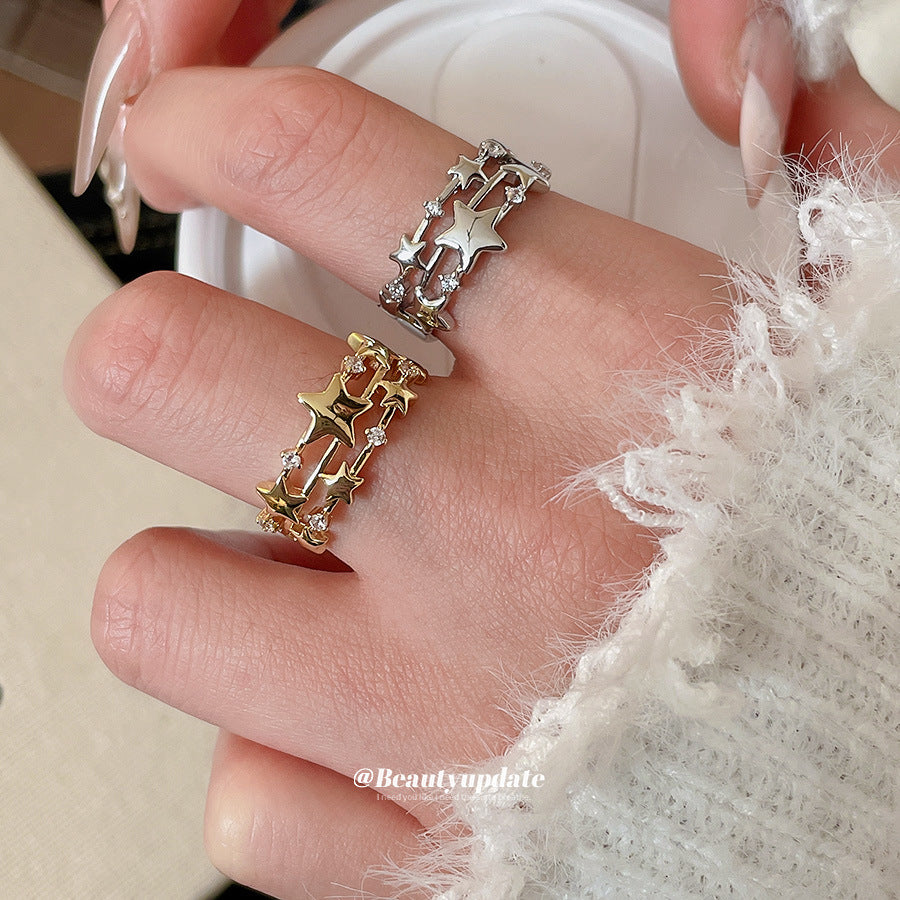 Anello aperto a forma di stella minimalista di lusso leggero con intarsio di zirconi da donna